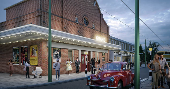 CGI of what the 1950s town extension and 1950s cinema will look like at Beamish Museum